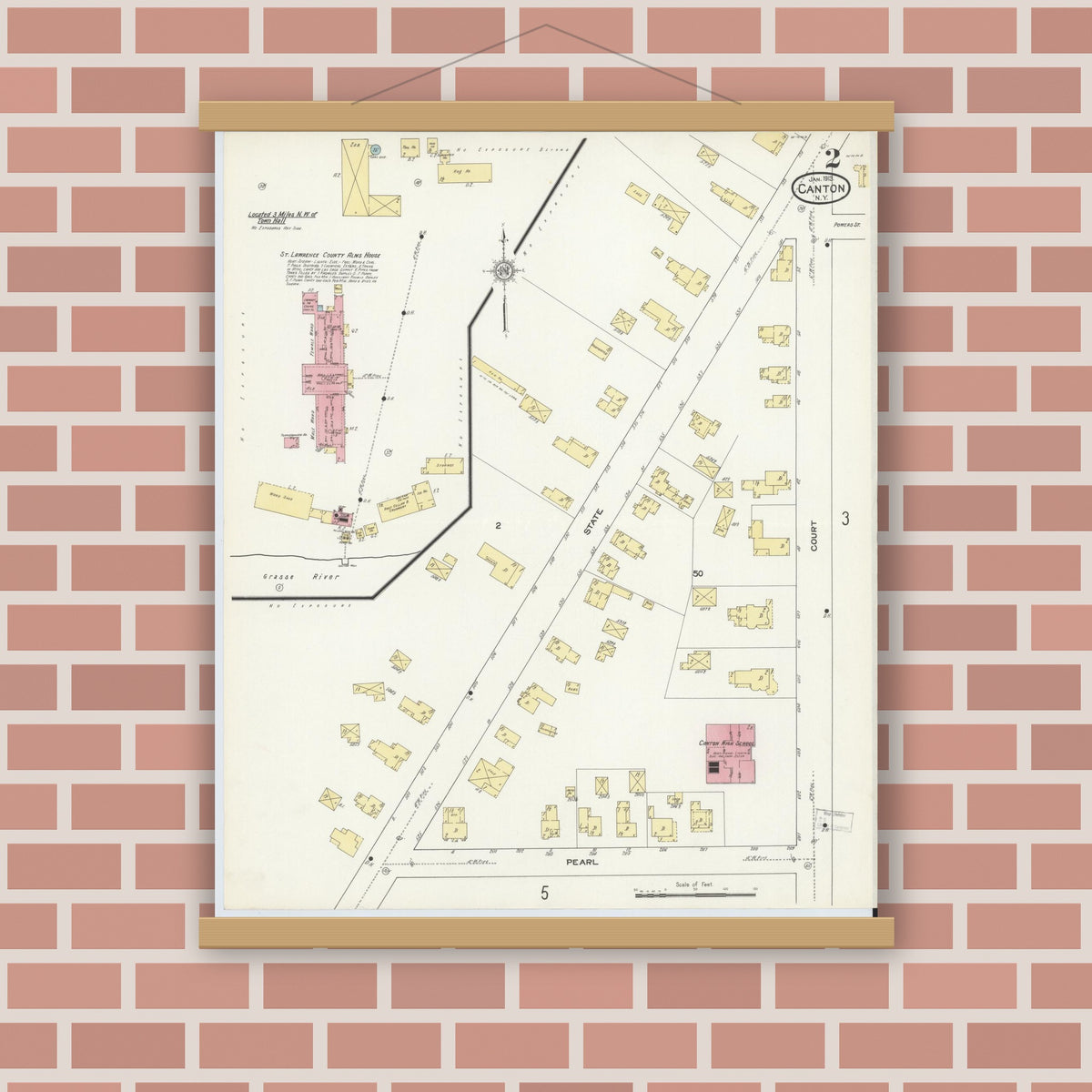Old map wall art mockup — magnetic wood frame on brick wall — Sanborn Fire Insurance Map from Canton, St. Lawrence County, New York (1913) - Complete Map Set