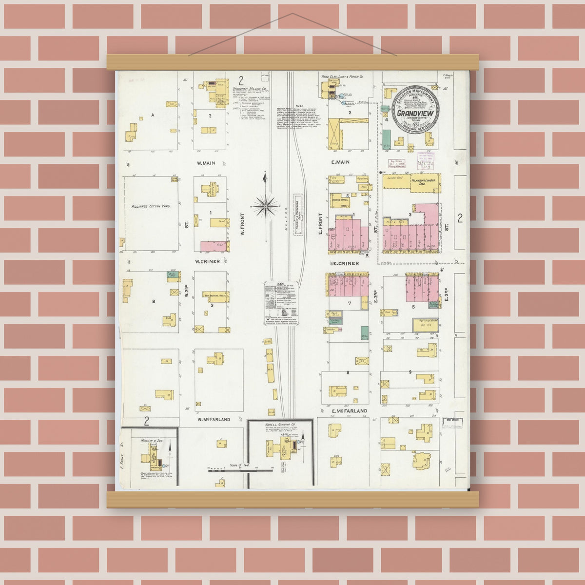 Old map wall art mockup — magnetic wood frame on brick wall — Sanborn Fire Insurance Map from Grandview, Johnson County, Texas (1905), Sheet #0001