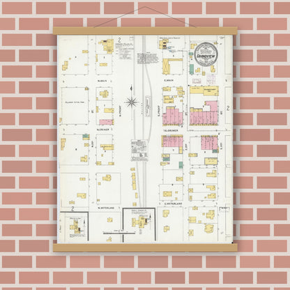 Old map wall art mockup — magnetic wood frame on brick wall — Sanborn Fire Insurance Map from Grandview, Johnson County, Texas (1905), Sheet #0001