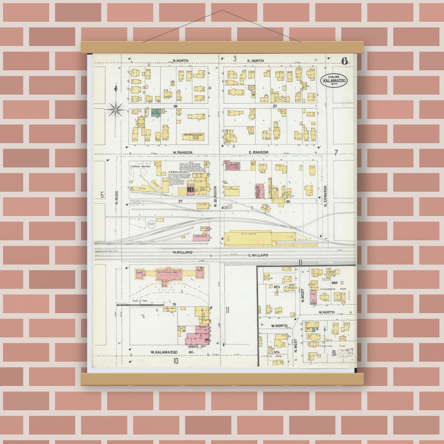 Old map wall art mockup — magnetic wood frame on brick wall — Sanborn Fire Insurance Map from Kalamazoo, Kalamazoo County, Michigan (1902), Sheet #0006