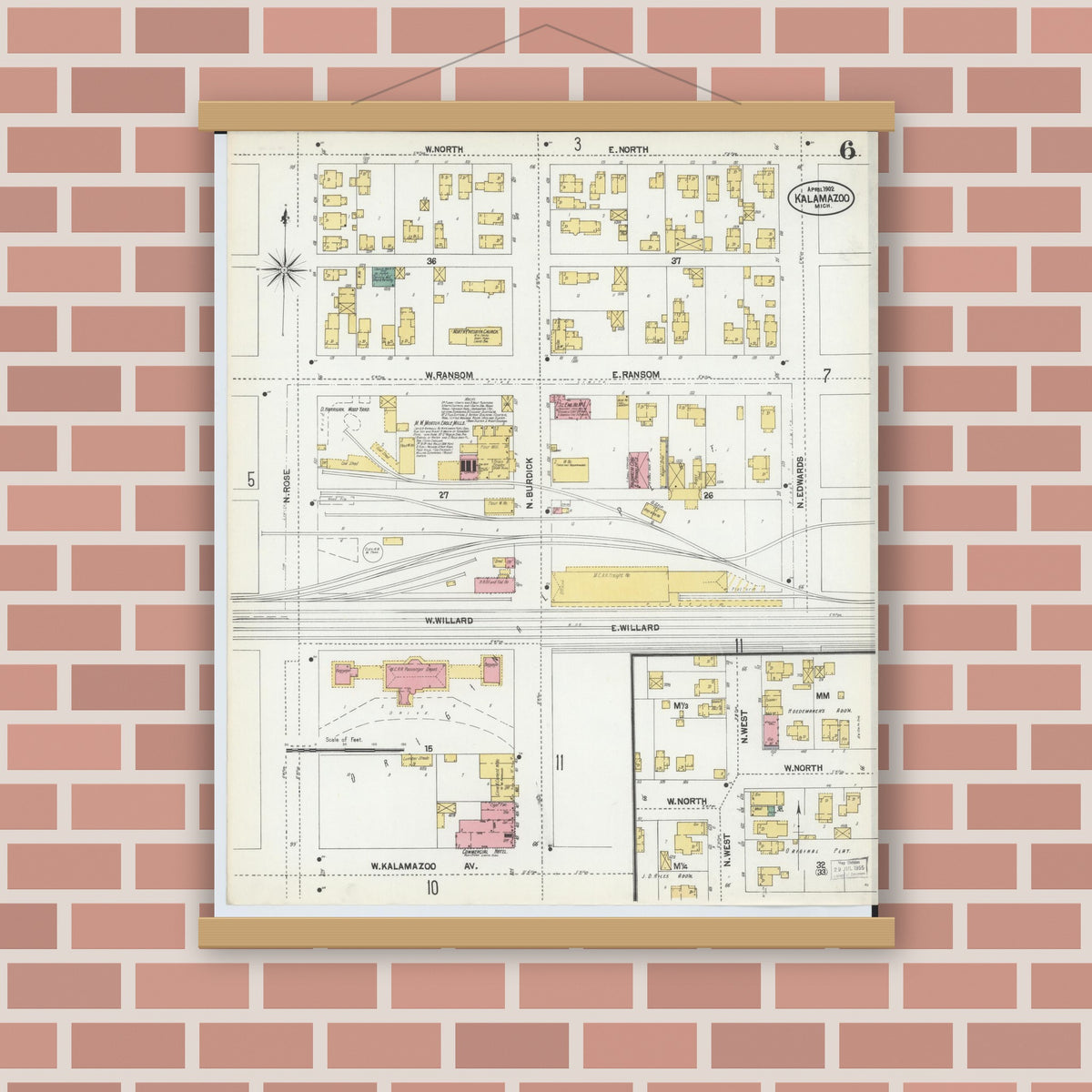Old map wall art mockup — magnetic wood frame on brick wall — Sanborn Fire Insurance Map from Kalamazoo, Kalamazoo County, Michigan (1902), Sheet #0006