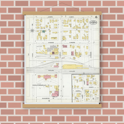 Old map wall art mockup — magnetic wood frame on brick wall — Sanborn Fire Insurance Map from Kalamazoo, Kalamazoo County, Michigan (1902), Sheet #0006