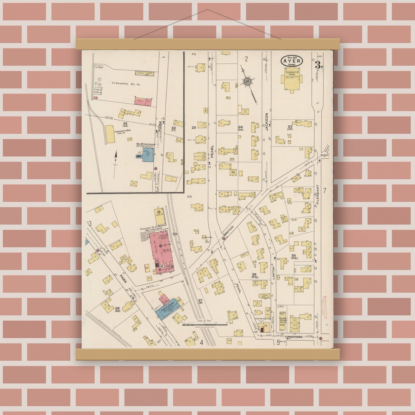 Old map wall art mockup — magnetic wood frame on brick wall — Sanborn Fire Insurance Map from Ayer, Middlesex County, Massachusetts (1921), Sheet #0003
