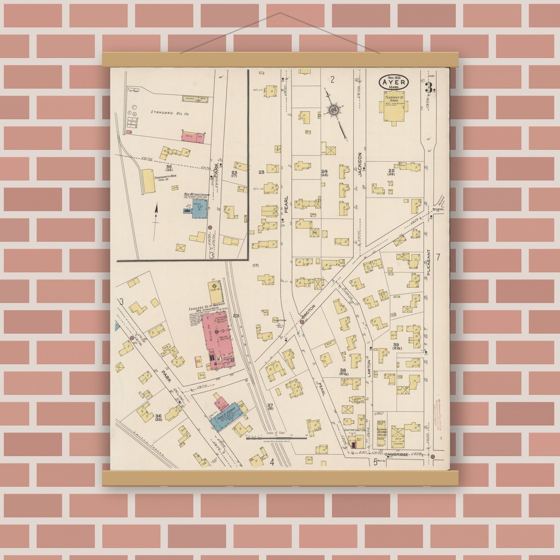 Old map wall art mockup — magnetic wood frame on brick wall — Sanborn Fire Insurance Map from Ayer, Middlesex County, Massachusetts (1921), Sheet #0003