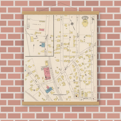 Old map wall art mockup — magnetic wood frame on brick wall — Sanborn Fire Insurance Map from Ayer, Middlesex County, Massachusetts (1921), Sheet #0003