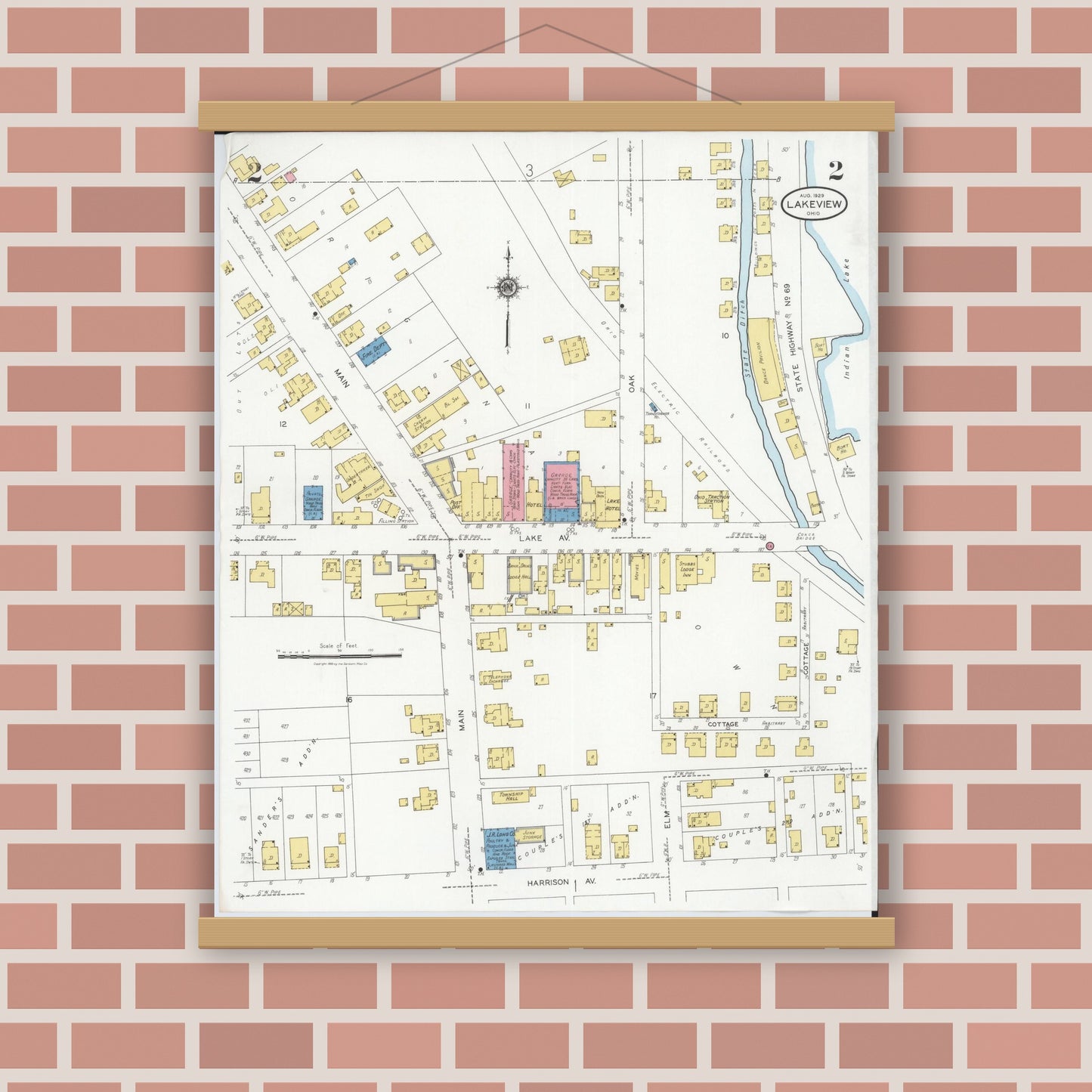 Old map wall art mockup — magnetic wood frame on brick wall — Sanborn Fire Insurance Map from Lakeview, Logan County, Ohio (1929), Sheet #0002