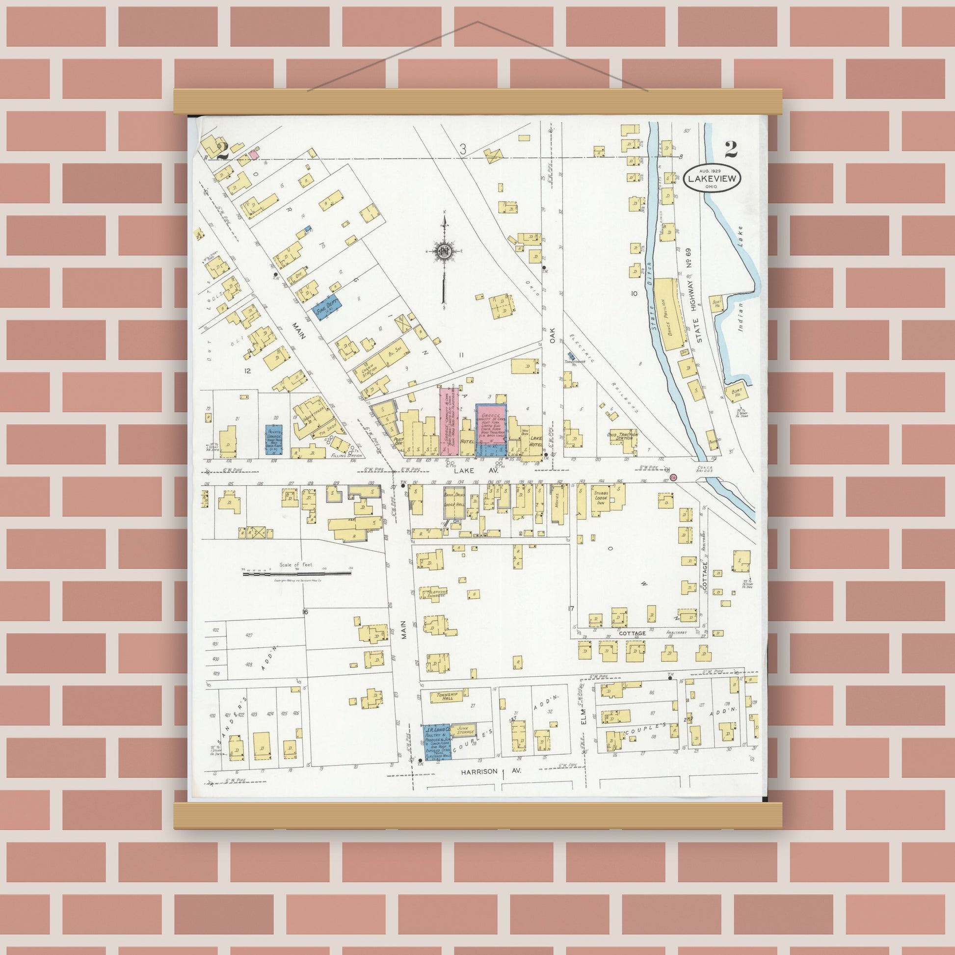 Old map wall art mockup — magnetic wood frame on brick wall — Sanborn Fire Insurance Map from Lakeview, Logan County, Ohio (1929), Sheet #0002