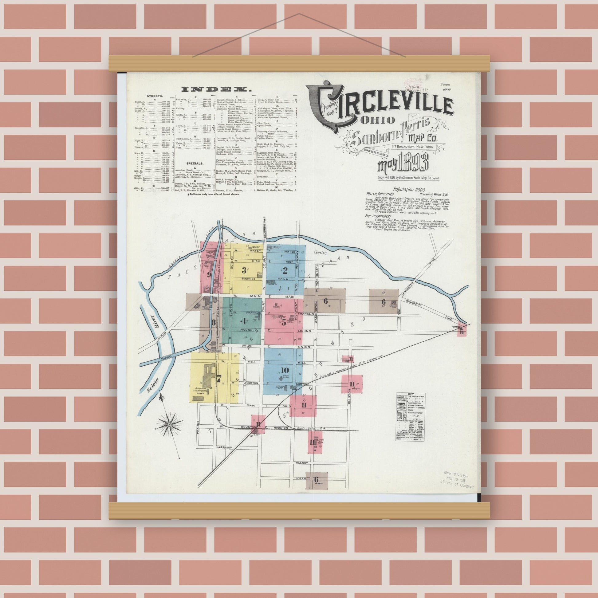 Old map wall art mockup — magnetic wood frame on brick wall — Sanborn Fire Insurance Map from Circleville, Pickaway County, Ohio (1893), Sheet #0001