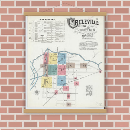 Old map wall art mockup — magnetic wood frame on brick wall — Sanborn Fire Insurance Map from Circleville, Pickaway County, Ohio (1893), Sheet #0001