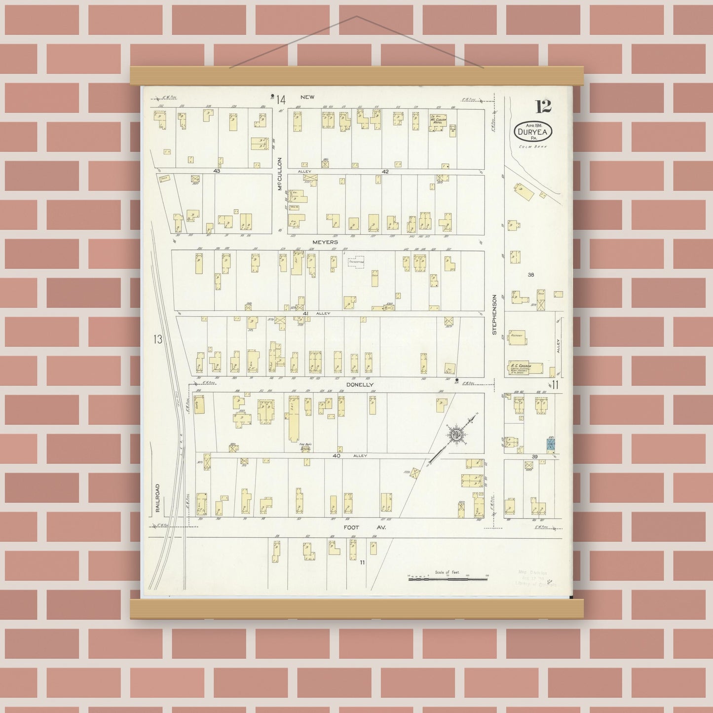 Old map wall art mockup — magnetic wood frame on brick wall — Sanborn Fire Insurance Map from Duryea, Luzerne County, Pennsylvania (1914), Sheet #0012