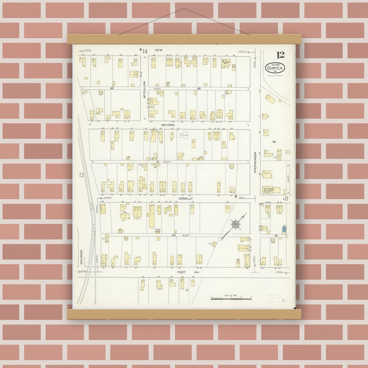 Old map wall art mockup — magnetic wood frame on brick wall — Sanborn Fire Insurance Map from Duryea, Luzerne County, Pennsylvania (1914), Sheet #0012