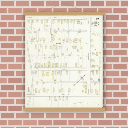 Old map wall art mockup — magnetic wood frame on brick wall — Sanborn Fire Insurance Map from Duryea, Luzerne County, Pennsylvania (1914), Sheet #0012