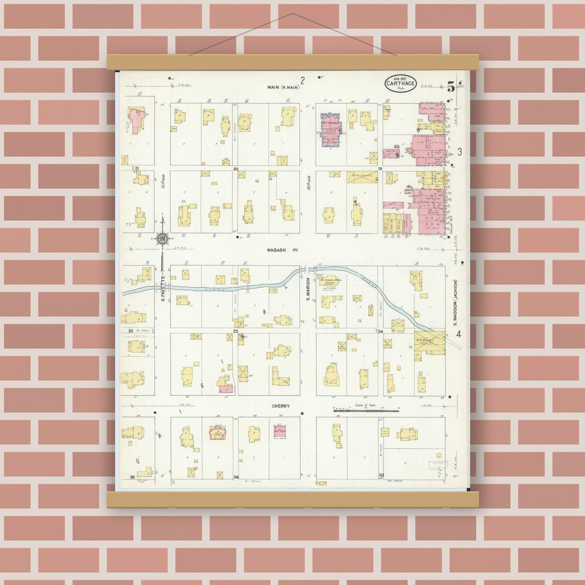 Old map wall art mockup — magnetic wood frame on brick wall — Sanborn Fire Insurance Map from Carthage, Hancock County, Illinois (1912), Sheet #0005