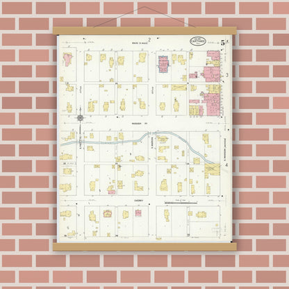 Old map wall art mockup — magnetic wood frame on brick wall — Sanborn Fire Insurance Map from Carthage, Hancock County, Illinois (1912), Sheet #0005