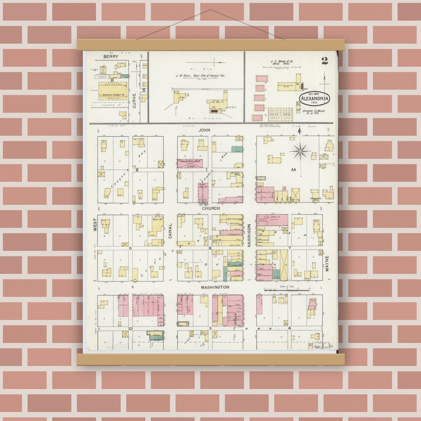 Old map wall art mockup — magnetic wood frame on brick wall — Sanborn Fire Insurance Map from Alexandria, Madison County, Indiana (1892), Sheet #0002