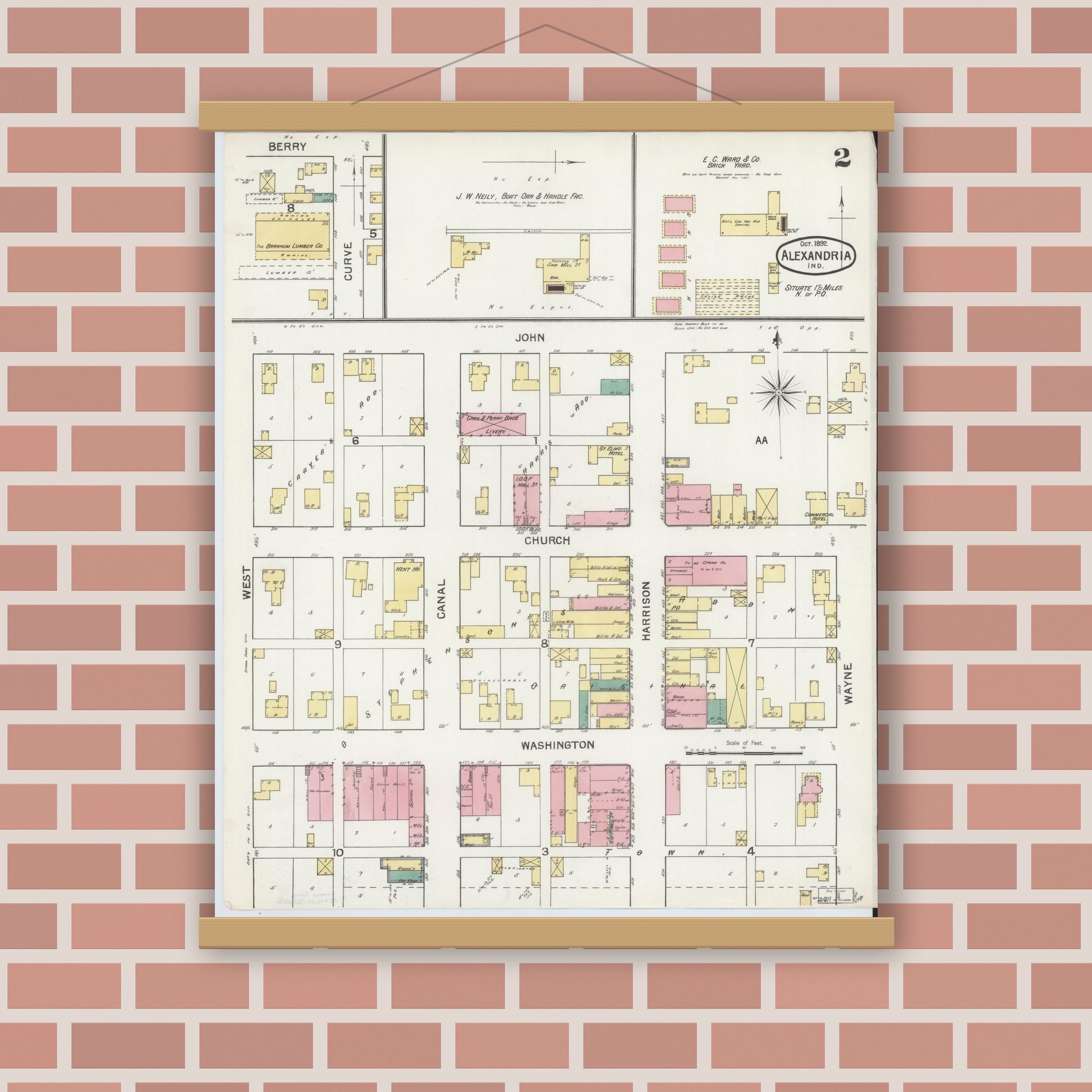 Old map wall art mockup — magnetic wood frame on brick wall — Sanborn Fire Insurance Map from Alexandria, Madison County, Indiana (1892), Sheet #0002