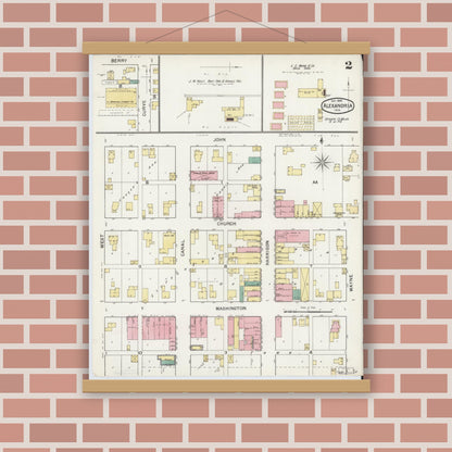 Old map wall art mockup — magnetic wood frame on brick wall — Sanborn Fire Insurance Map from Alexandria, Madison County, Indiana (1892), Sheet #0002