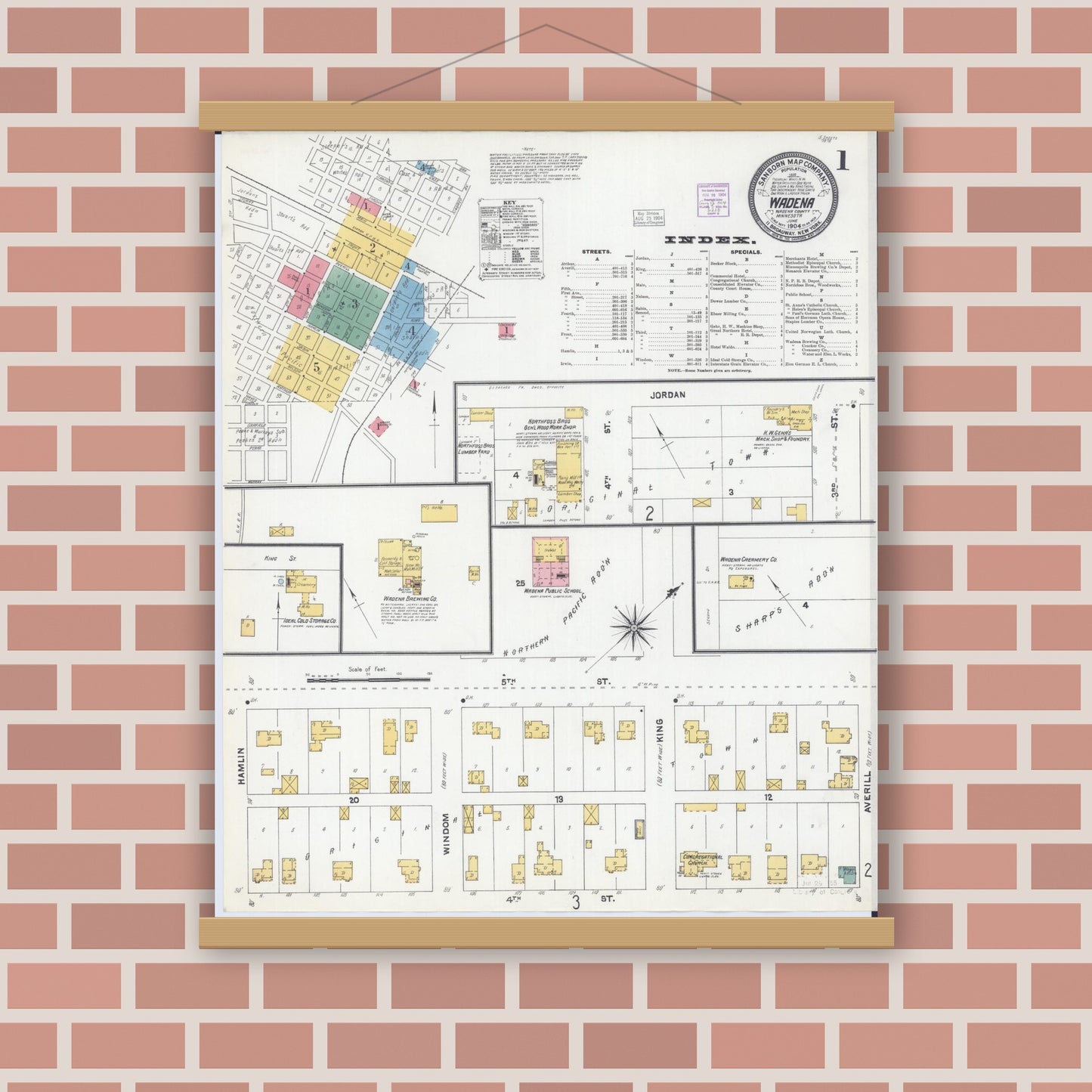 Old map wall art mockup — magnetic wood frame on brick wall — Sanborn Fire Insurance Map from Wadena, Wadena County, Minnesota (1904) - Complete Map Set