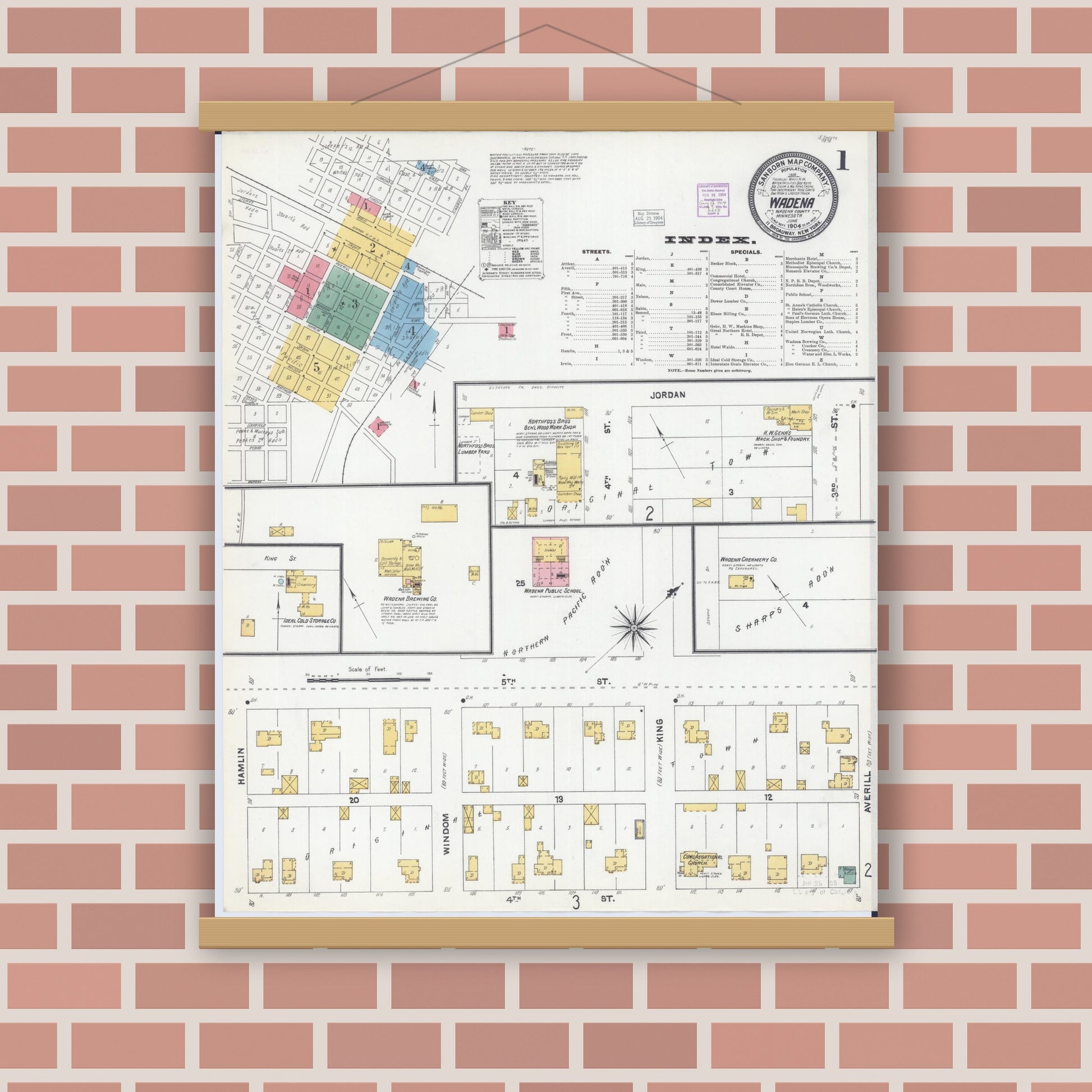 Old map wall art mockup — magnetic wood frame on brick wall — Sanborn Fire Insurance Map from Wadena, Wadena County, Minnesota (1904) - Complete Map Set