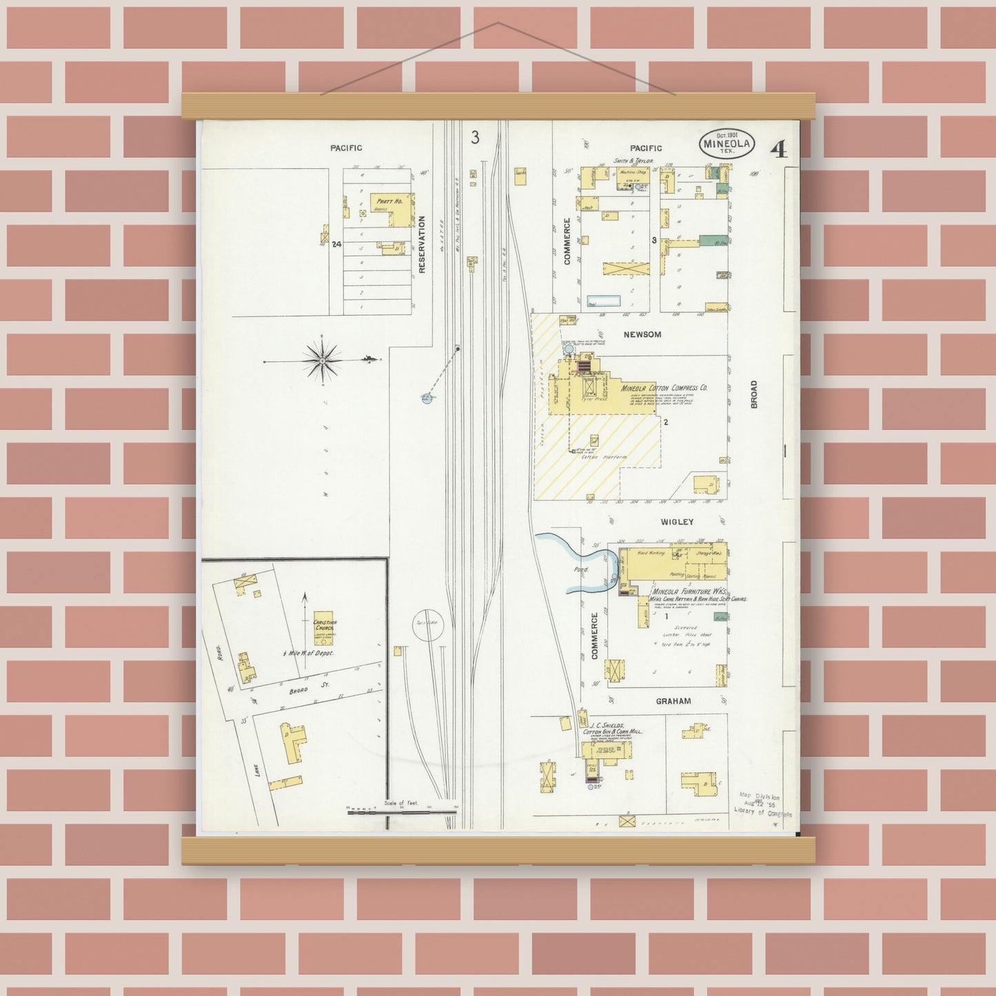 Old map wall art mockup — magnetic wood frame on brick wall — Sanborn Fire Insurance Map from Mineola, Wood County, Texas (1901), Sheet #0004