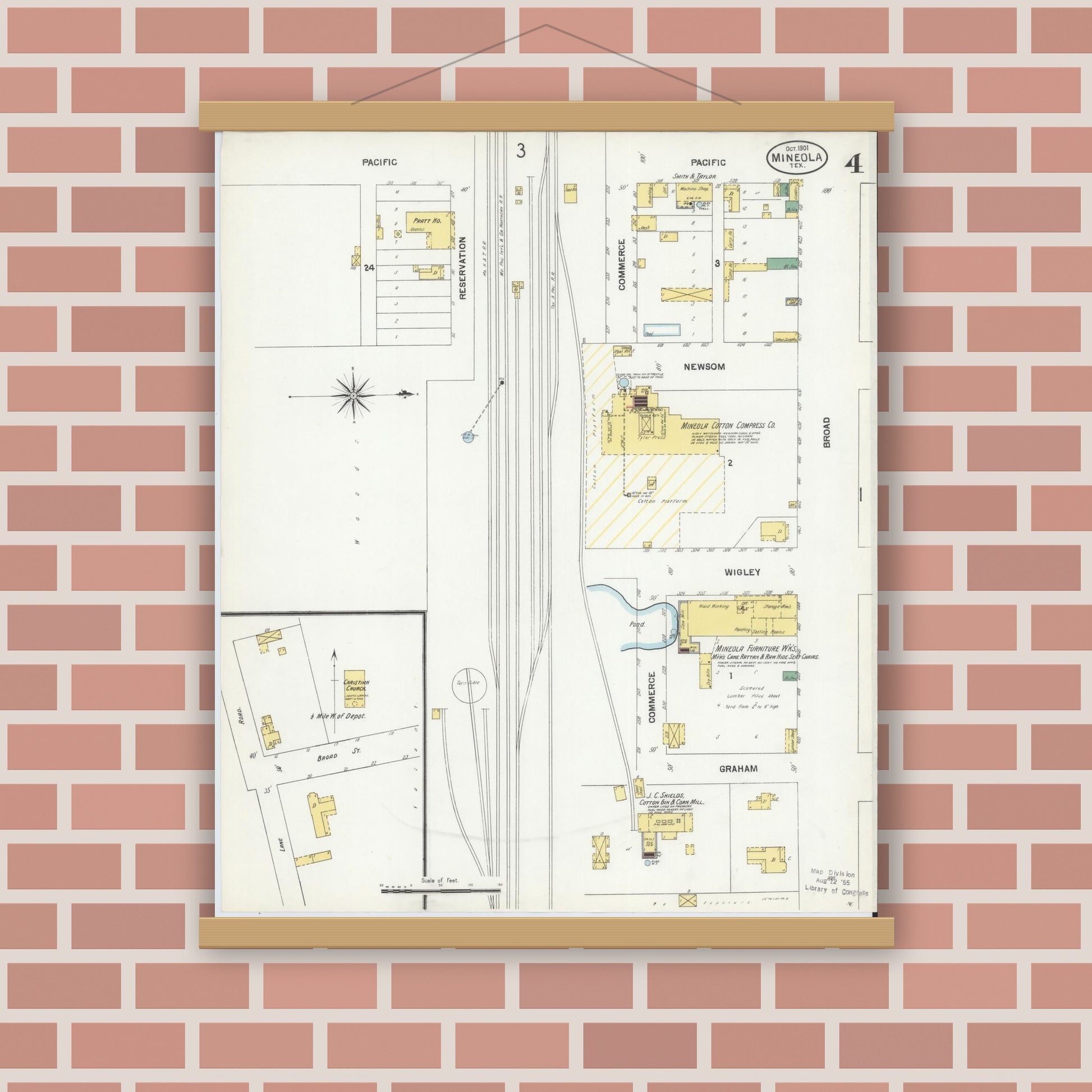 Old map wall art mockup — magnetic wood frame on brick wall — Sanborn Fire Insurance Map from Mineola, Wood County, Texas (1901), Sheet #0004