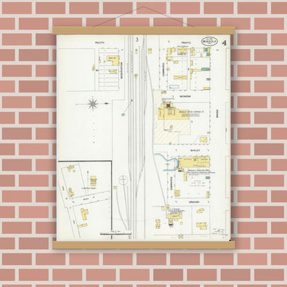 Old map wall art mockup — magnetic wood frame on brick wall — Sanborn Fire Insurance Map from Mineola, Wood County, Texas (1901), Sheet #0004