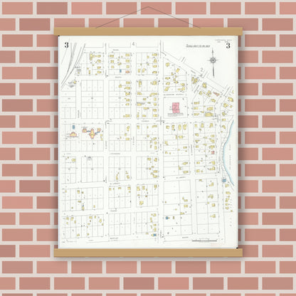 Old map wall art mockup — magnetic wood frame on brick wall — Sanborn Fire Insurance Map from Chesaning, Saginaw County, Michigan (1935), Sheet #0003