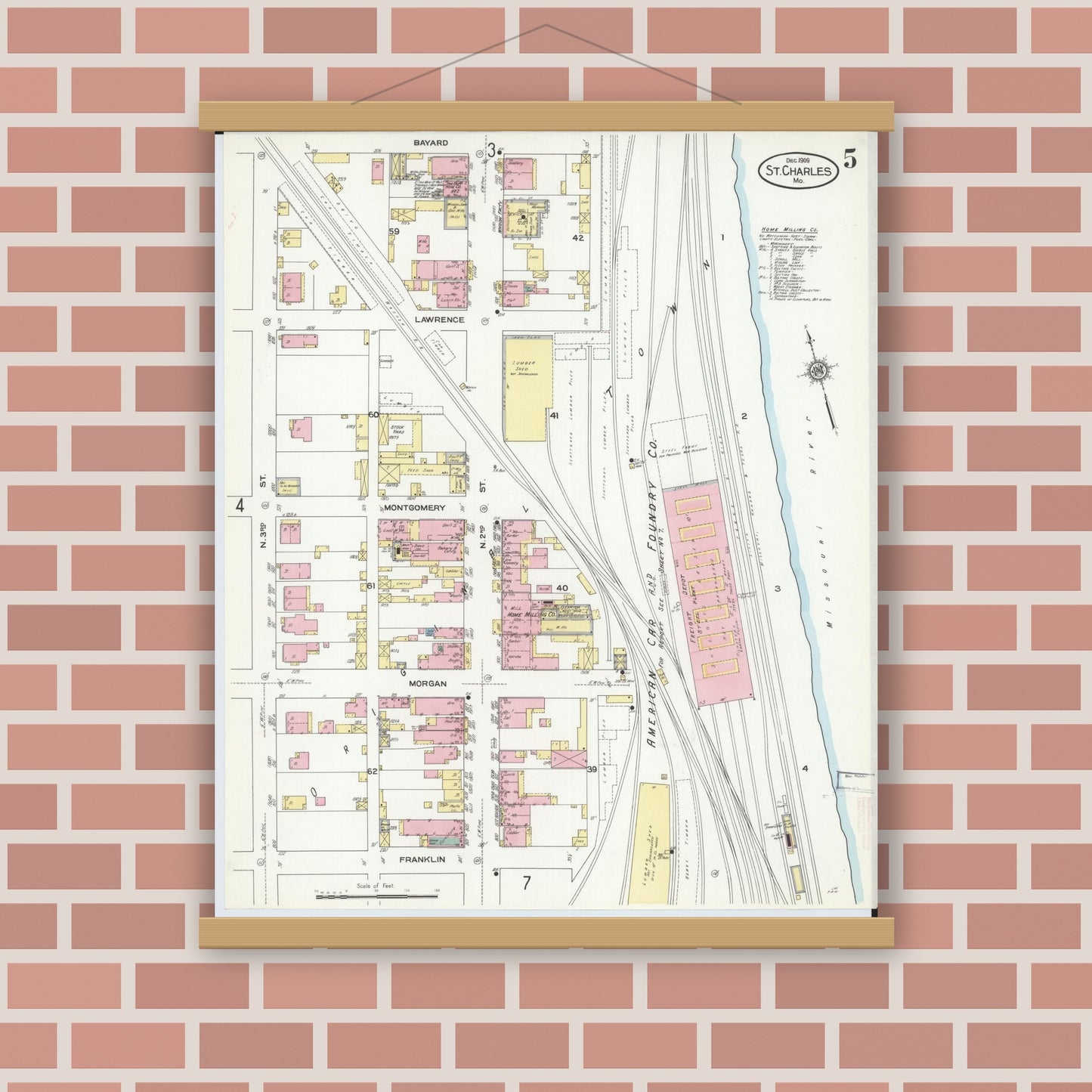 Old map wall art mockup — magnetic wood frame on brick wall — Sanborn Fire Insurance Map from Saint Charles, Saint Charles County, Missouri (1909), Sheet #0005