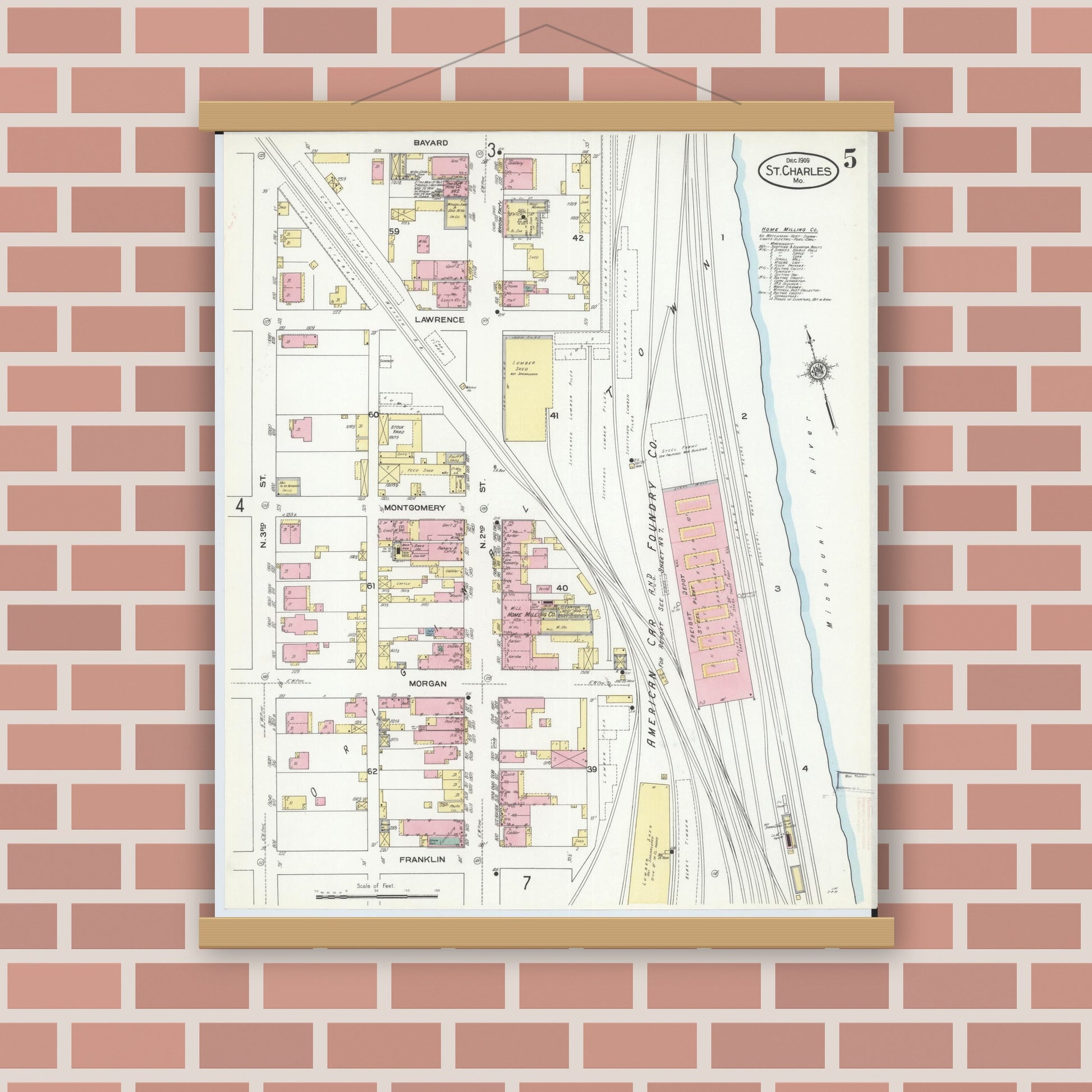 Old map wall art mockup — magnetic wood frame on brick wall — Sanborn Fire Insurance Map from Saint Charles, Saint Charles County, Missouri (1909), Sheet #0005