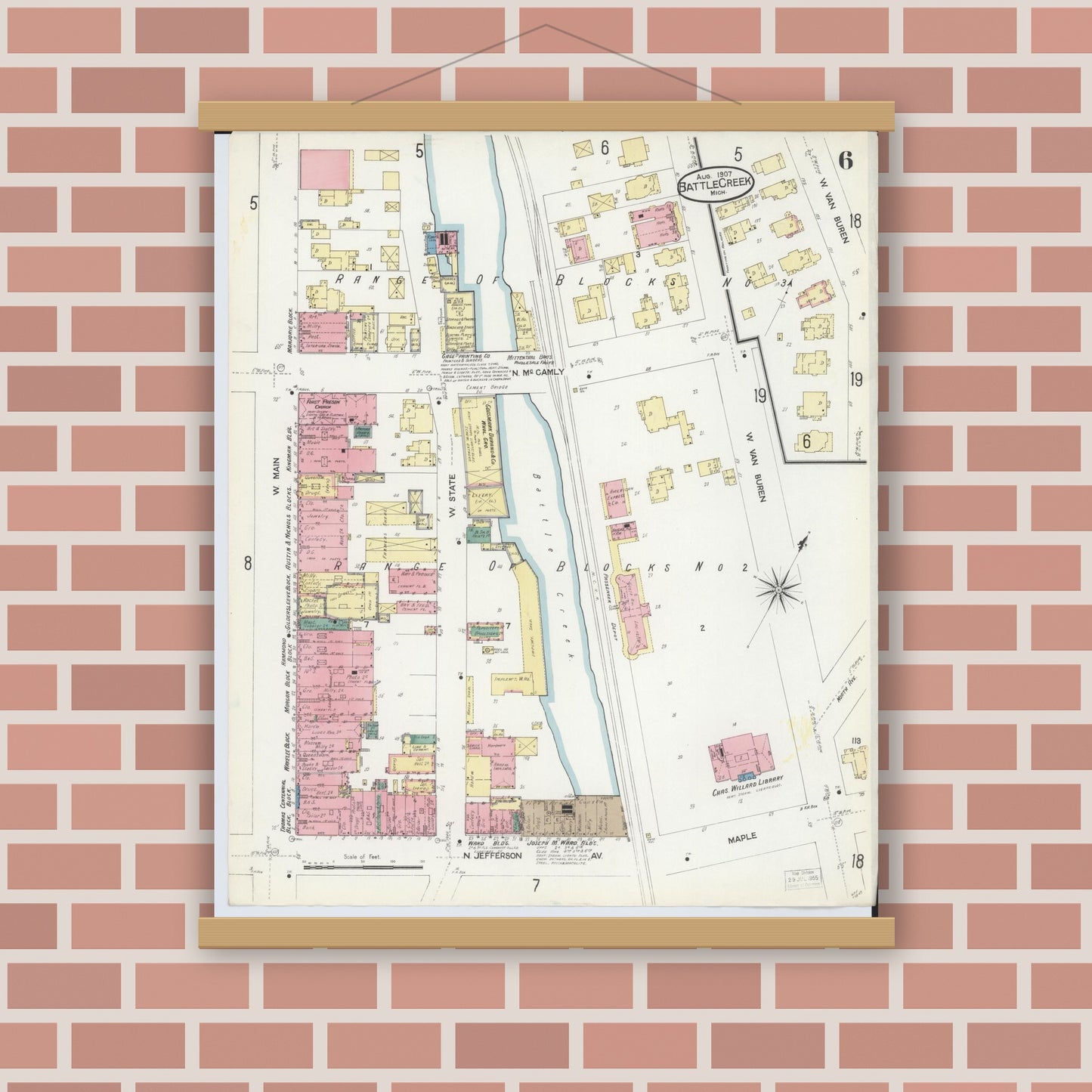 Old map wall art mockup — magnetic wood frame on brick wall — Sanborn Fire Insurance Map from Battle Creek, Calhoun County, Michigan (1907), Sheet #0006