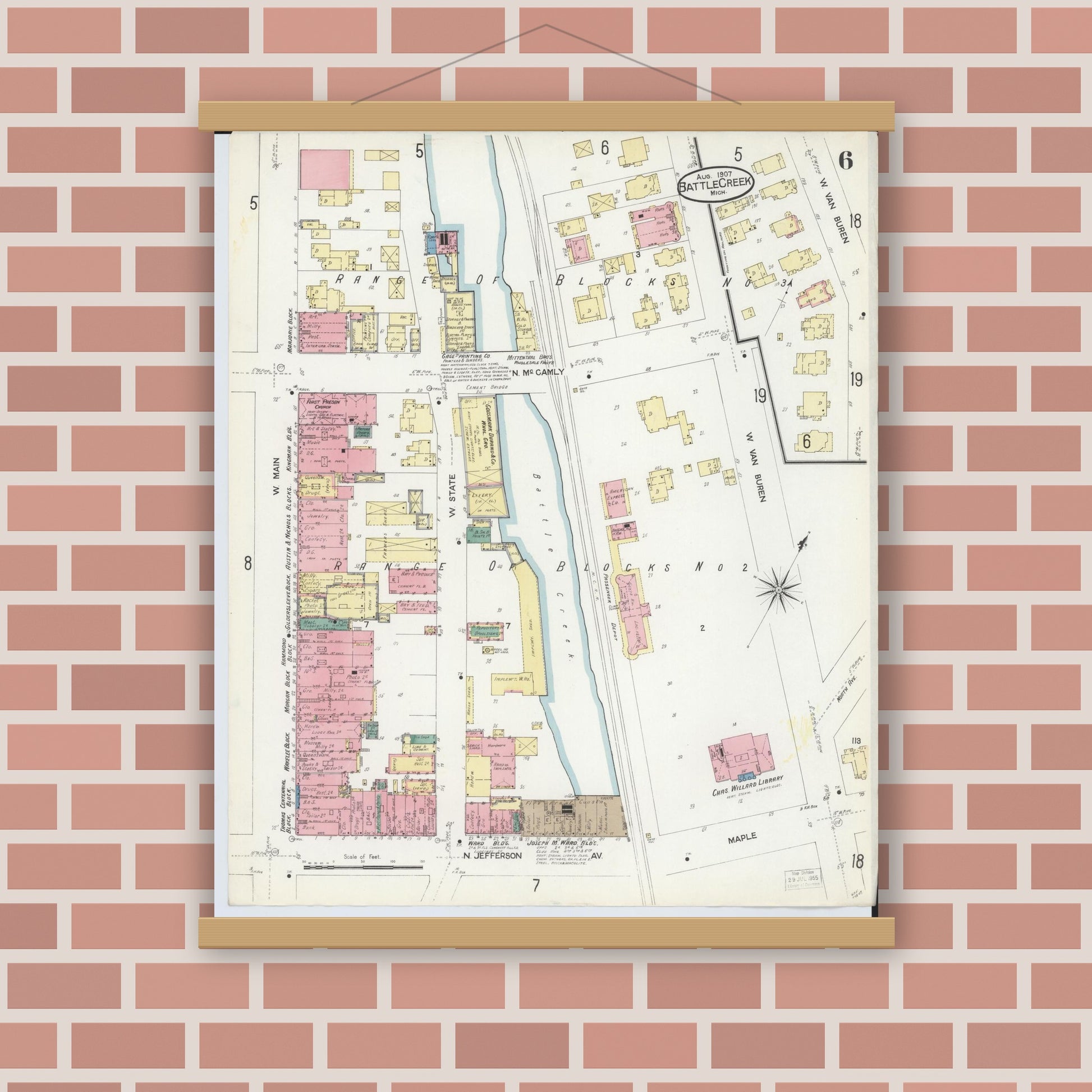 Old map wall art mockup — magnetic wood frame on brick wall — Sanborn Fire Insurance Map from Battle Creek, Calhoun County, Michigan (1907), Sheet #0006