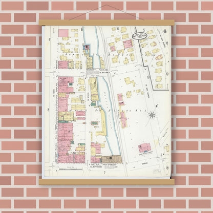 Old map wall art mockup — magnetic wood frame on brick wall — Sanborn Fire Insurance Map from Battle Creek, Calhoun County, Michigan (1907), Sheet #0006