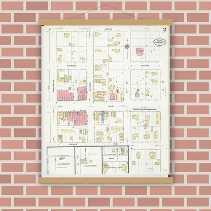 Old map wall art mockup — magnetic wood frame on brick wall — Sanborn Fire Insurance Map from Carson City, Montcalm County, Michigan (1910), Sheet #0002