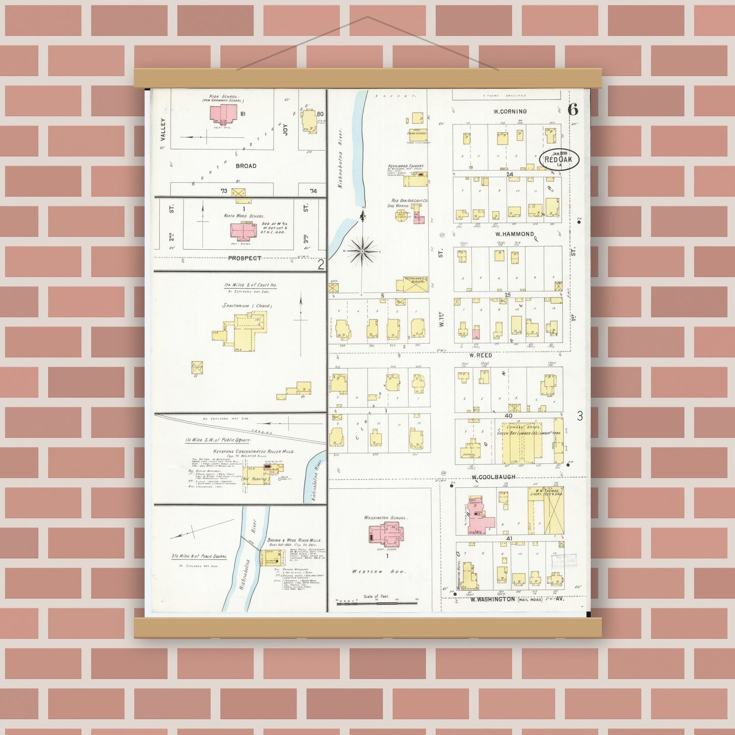 Old map wall art mockup — magnetic wood frame on brick wall — Sanborn Fire Insurance Map from Red Oak, Montgomery County, Iowa (1899), Sheet #0006