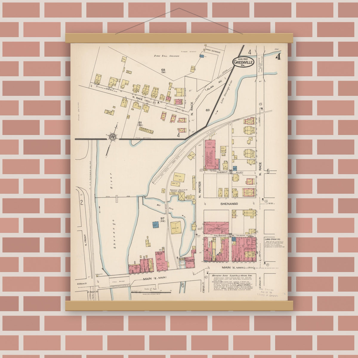 Old map wall art mockup — magnetic wood frame on brick wall — Sanborn Fire Insurance Map from Greenville, Mercer County, Pennsylvania (1922), Sheet #0004
