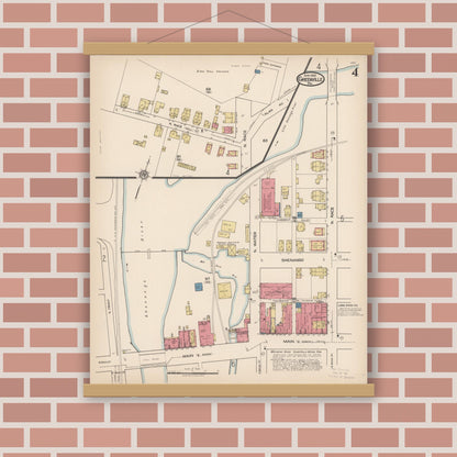 Old map wall art mockup — magnetic wood frame on brick wall — Sanborn Fire Insurance Map from Greenville, Mercer County, Pennsylvania (1922), Sheet #0004