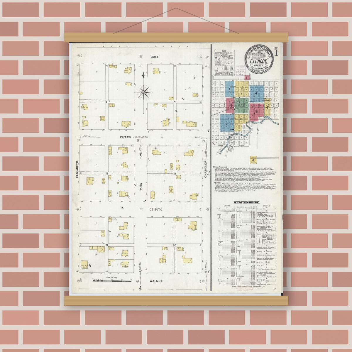 Old map wall art mockup — magnetic wood frame on brick wall — Sanborn Fire Insurance Map from Glencoe, Mcleod County, Minnesota (1908) - Complete Map Set