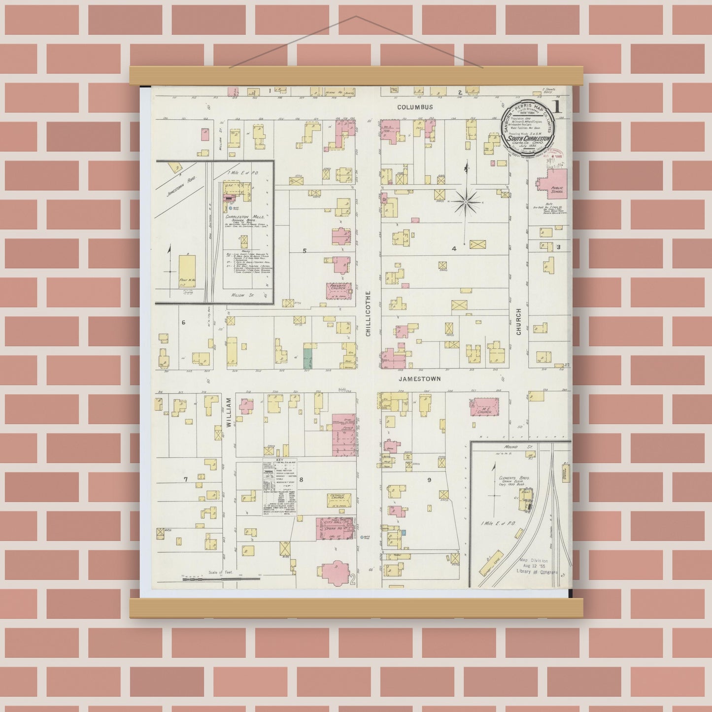 Old map wall art mockup — magnetic wood frame on brick wall — Sanborn Fire Insurance Map from South Charleston, Clark County, Ohio (1895), Sheet #0001