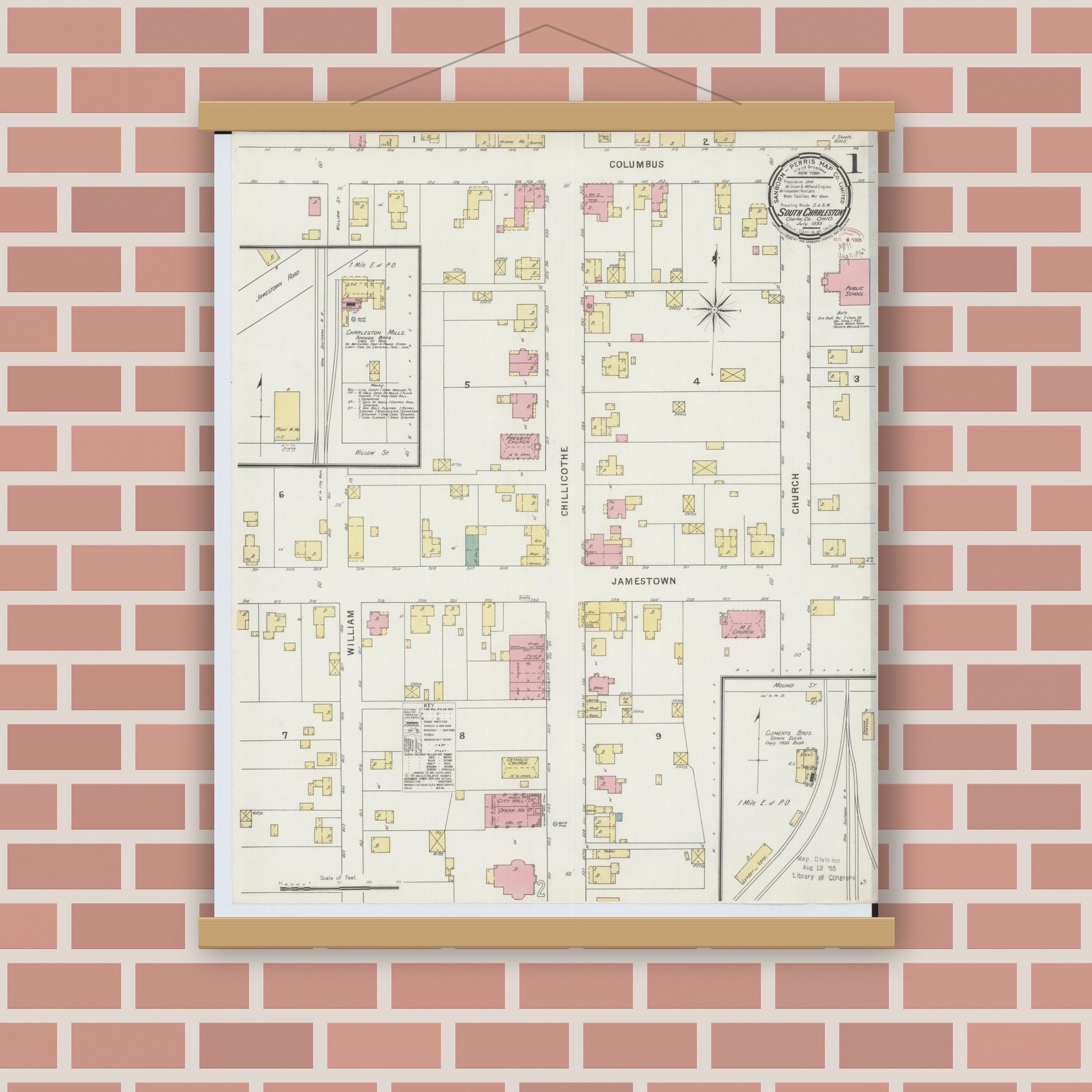 Old map wall art mockup — magnetic wood frame on brick wall — Sanborn Fire Insurance Map from South Charleston, Clark County, Ohio (1895), Sheet #0001