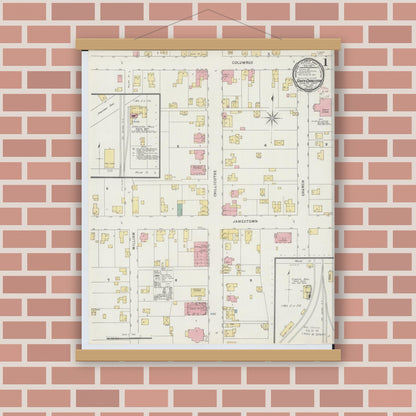 Old map wall art mockup — magnetic wood frame on brick wall — Sanborn Fire Insurance Map from South Charleston, Clark County, Ohio (1895), Sheet #0001