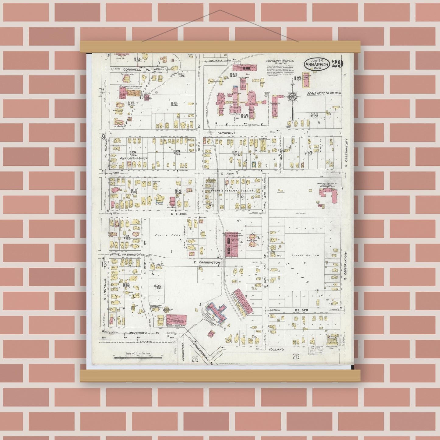 Old map wall art mockup — magnetic wood frame on brick wall — Sanborn Fire Insurance Map from Ann Arbor, Washtenaw County, Michigan (1916), Sheet #0029