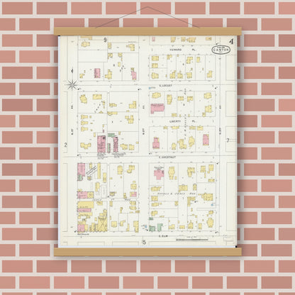 Old map wall art mockup — magnetic wood frame on brick wall — Sanborn Fire Insurance Map from Canton, Fulton County, Illinois (1896), Sheet #0004