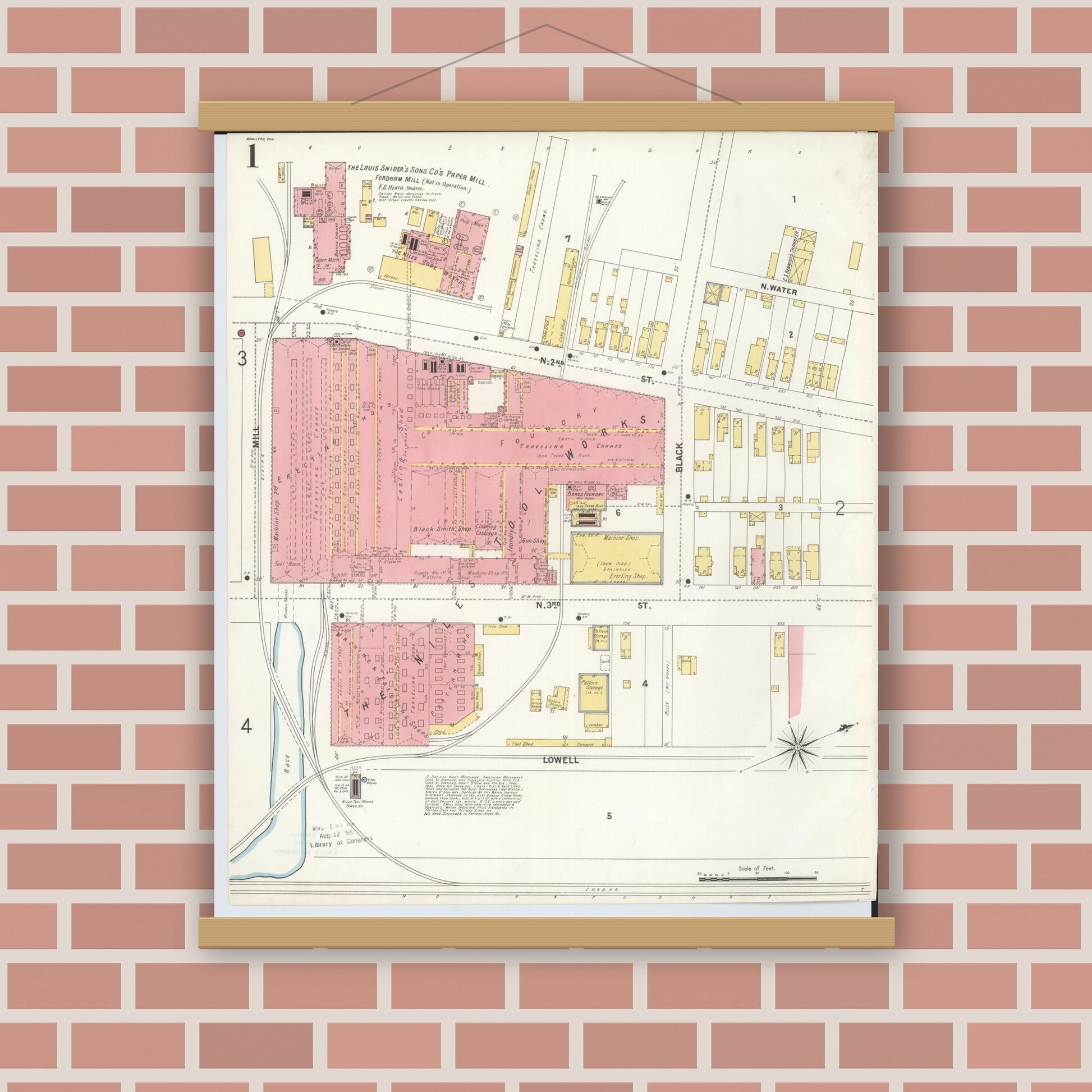 Old map wall art mockup — magnetic wood frame on brick wall — Sanborn Fire Insurance Map from Hamilton, Butler County, Ohio (1899) - Complete Map Set