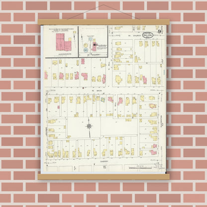 Old map wall art mockup — magnetic wood frame on brick wall — Sanborn Fire Insurance Map from Galion, Crawford County, Ohio (1913), Sheet #0009