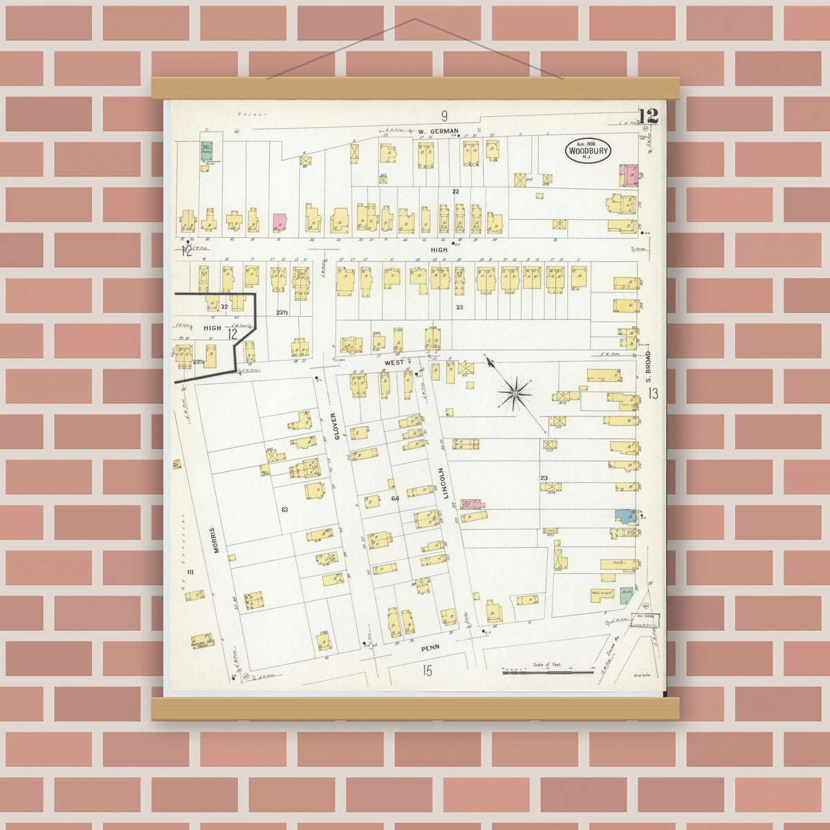 Old map wall art mockup — magnetic wood frame on brick wall — Sanborn Fire Insurance Map from Woodbury, Gloucester County, New Jersey (1908), Sheet #0012