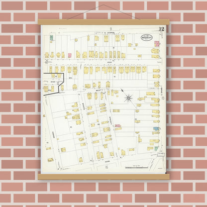 Old map wall art mockup — magnetic wood frame on brick wall — Sanborn Fire Insurance Map from Woodbury, Gloucester County, New Jersey (1908), Sheet #0012