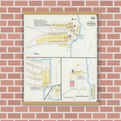 Old map wall art mockup — magnetic wood frame on brick wall — Sanborn Fire Insurance Map from Wilmington, New Hanover County, North Carolina (1898), Sheet #0032