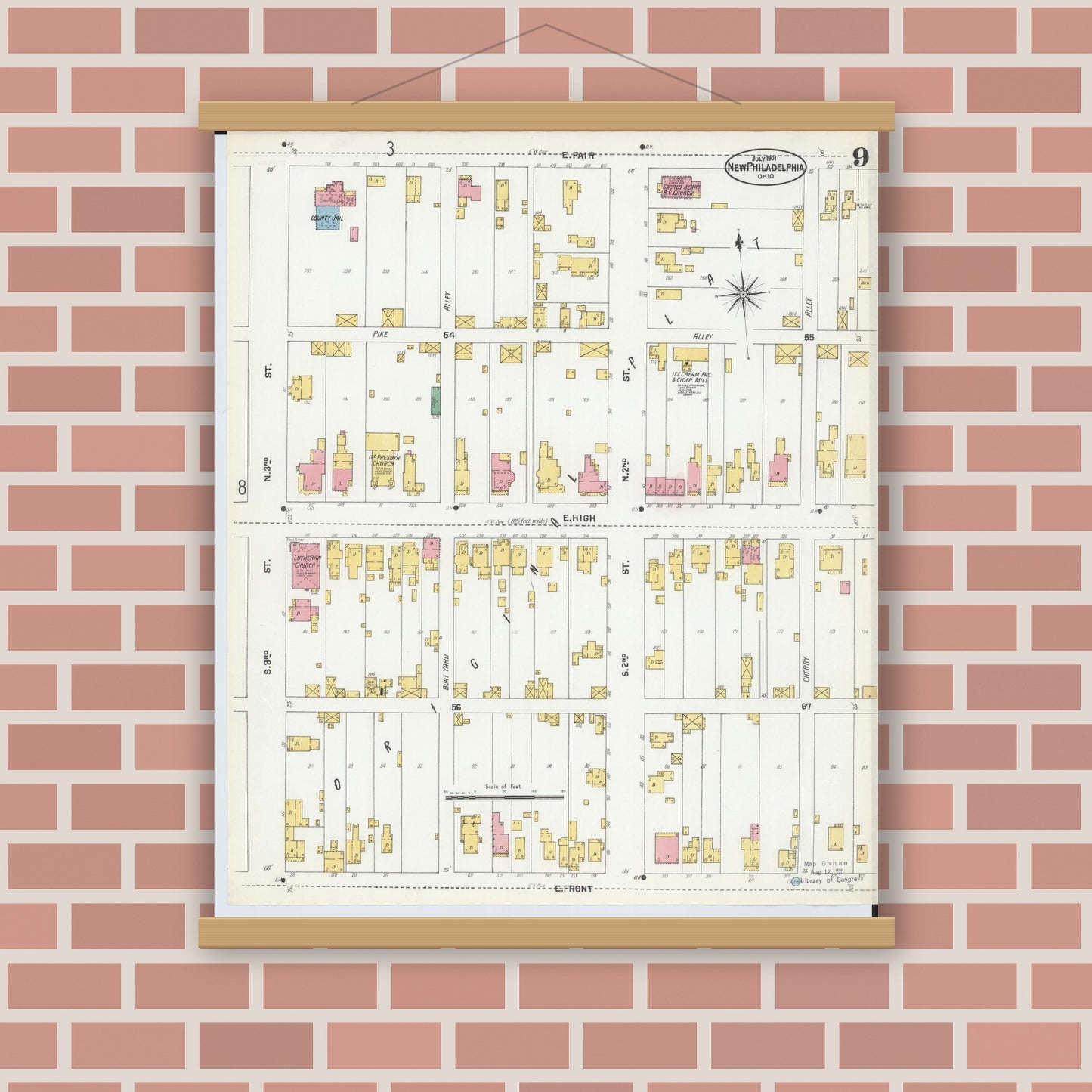 Old map wall art mockup — magnetic wood frame on brick wall — Sanborn Fire Insurance Map from New Philadelphia, Tuscarawas County, Ohio (1901), Sheet #0009