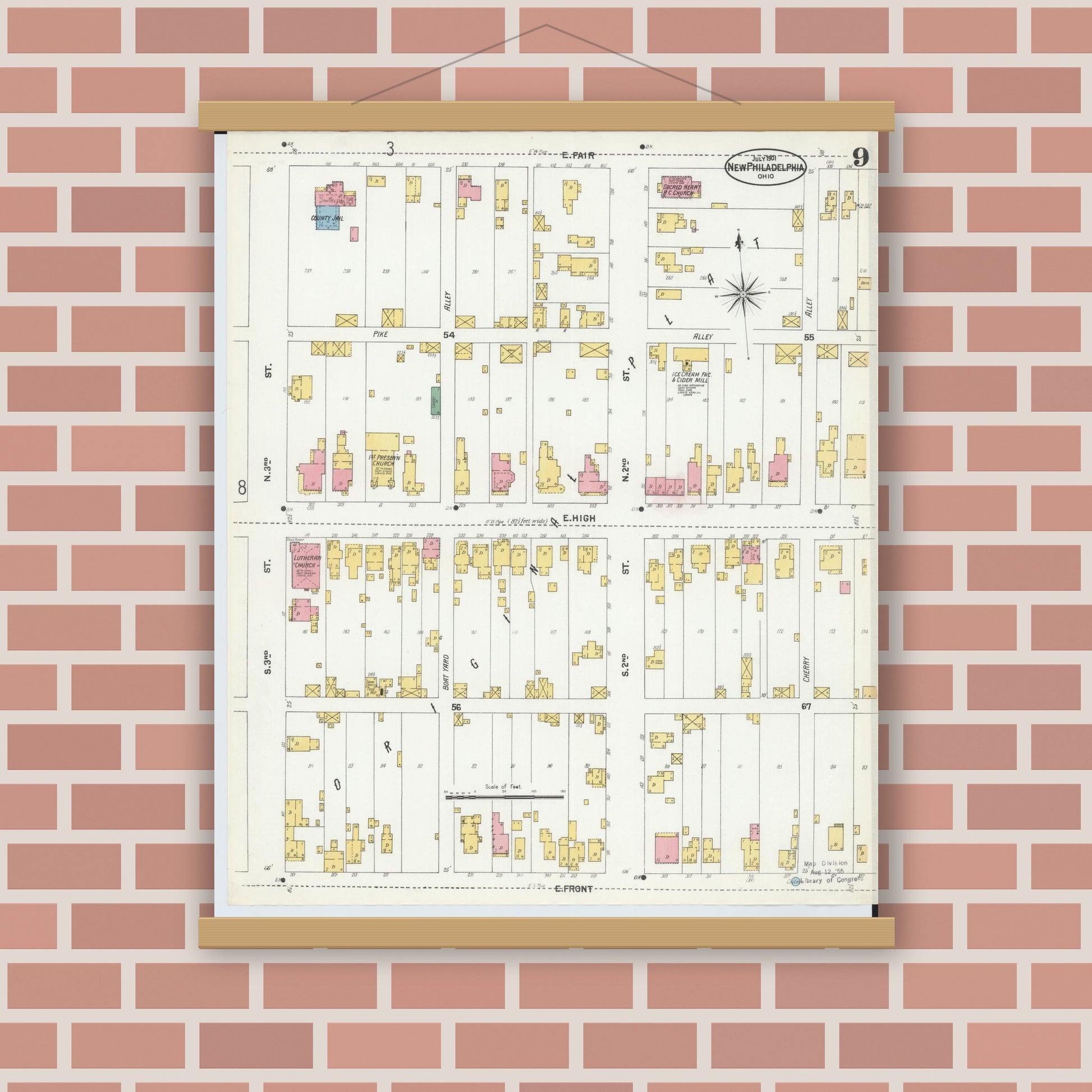 Old map wall art mockup — magnetic wood frame on brick wall — Sanborn Fire Insurance Map from New Philadelphia, Tuscarawas County, Ohio (1901), Sheet #0009