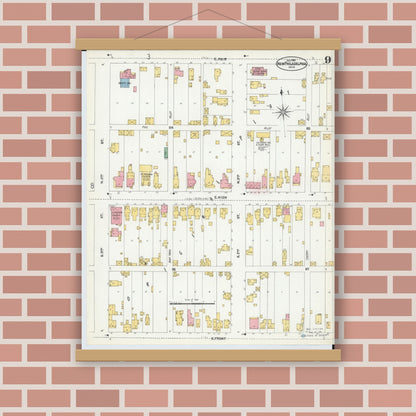Old map wall art mockup — magnetic wood frame on brick wall — Sanborn Fire Insurance Map from New Philadelphia, Tuscarawas County, Ohio (1901), Sheet #0009